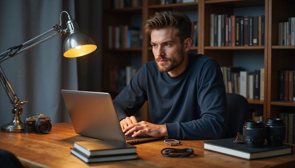 Een man werkt geconcentreerd aan zijn laptop