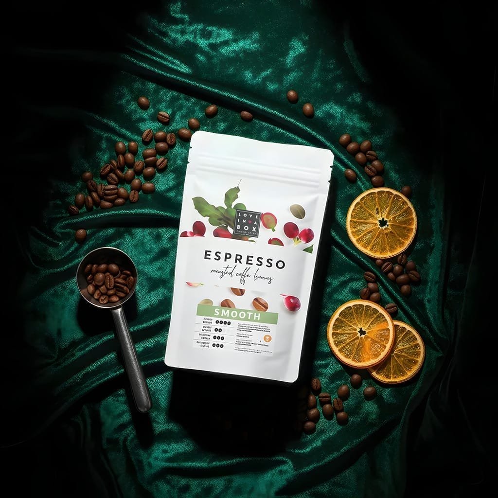 Koffie Love in A Box met bonnen op groen tafelkleed