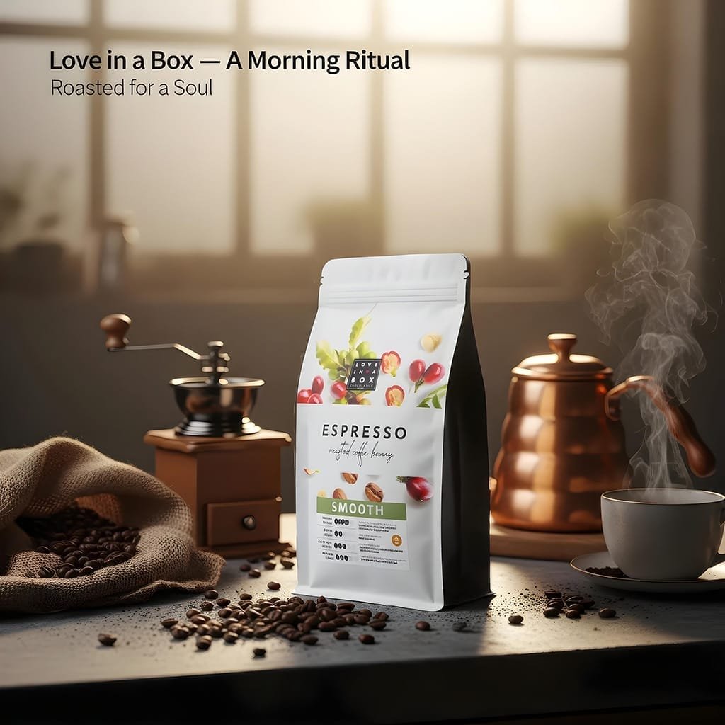 Zak Koffie Bonnen Love in A Box op keuken tafel ProductFotoAI