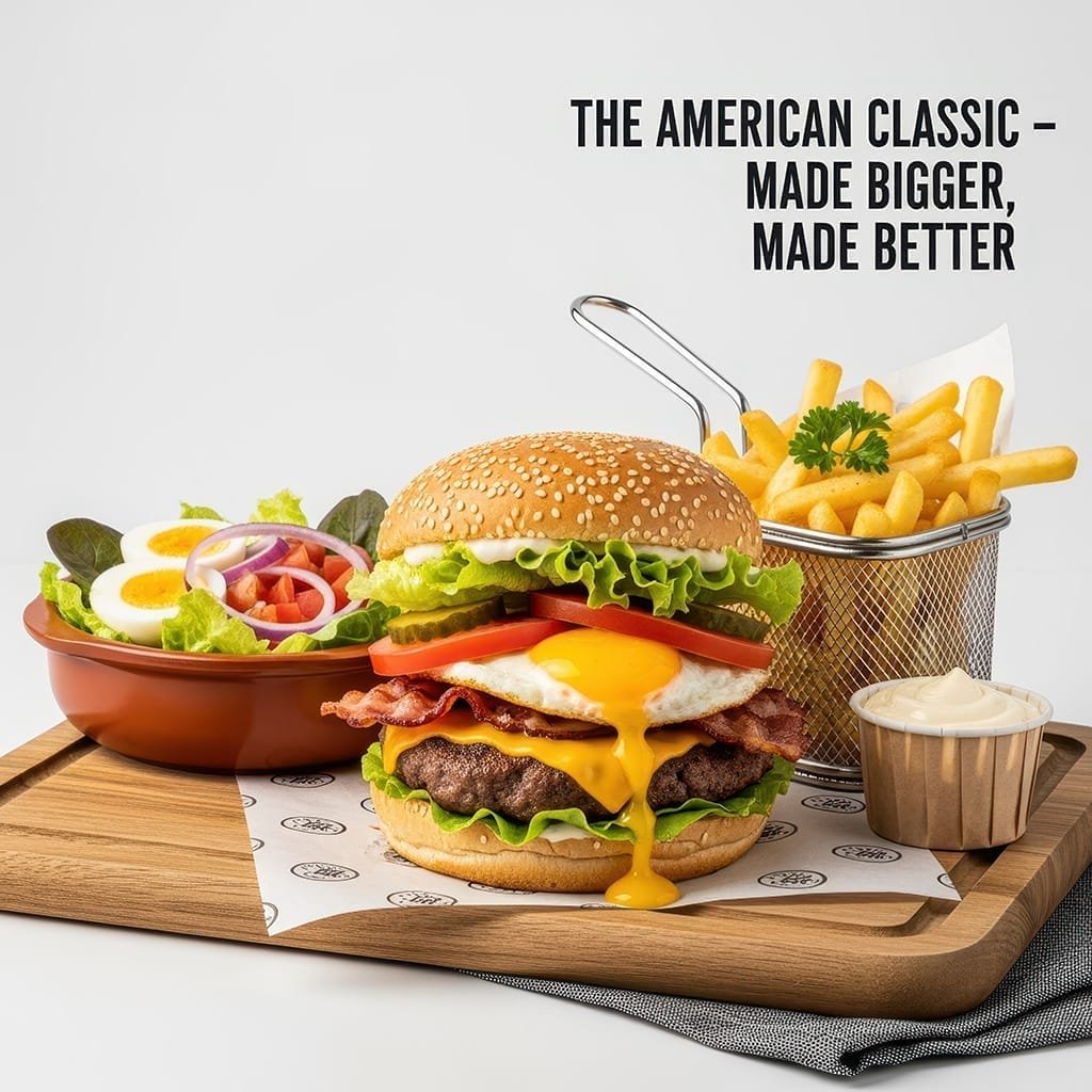 american-classic-hamburger-met-bacon-ei-friet-en-salade-op-serveerplank-ai-productvisual-productfotoa-up american-classic-hamburger-met-bacon-ei-friet-en-salade-op-serveerplank-ai-productvisual-productfotoa