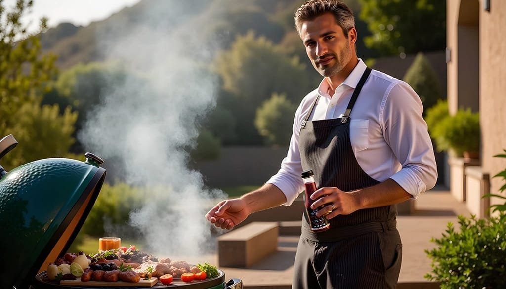 bbq-chef-met-barbecuesaus-en-groene-kamado-buitenkeuken-ai-lifestyleproductfoto-productfotoai bbq-chef-met-barbecuesaus-en-groene-kamado-buitenkeuken-ai-lifestyleproductfoto-productfotoai