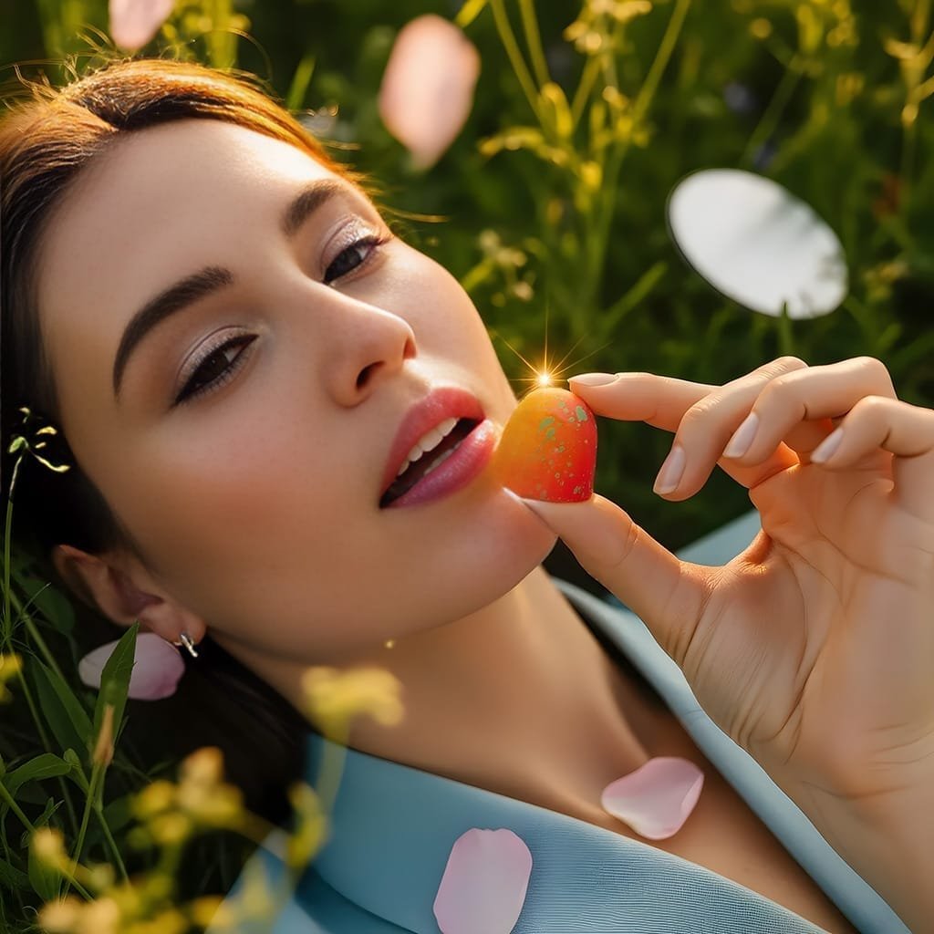 bonbon-met-model-romantische-buitenopname-ai-productfoto-productfotoai