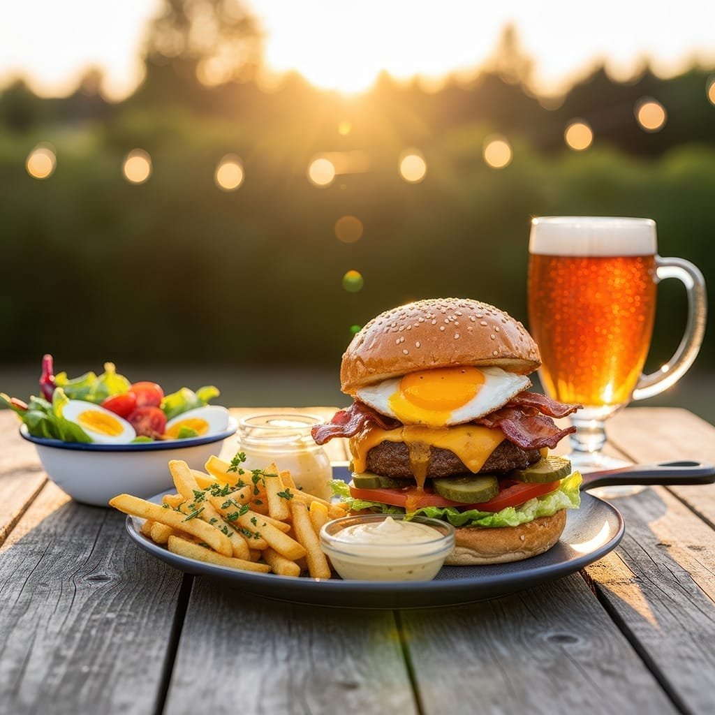 hamburgermenu-met-friet-bacon-ei-en-bier-buiten-op-terras-zomers-avondlicht-ai-foodfoto-productfotoai