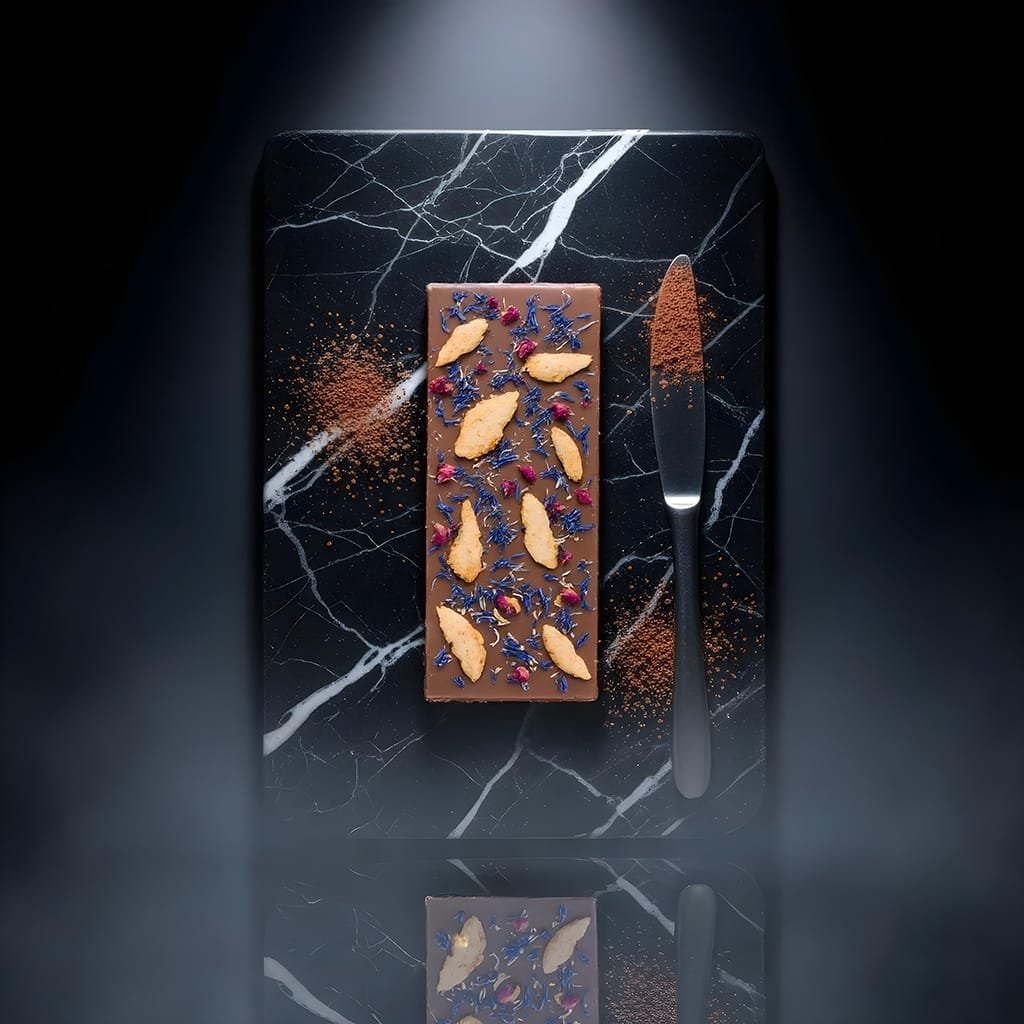 melkchocoladereep-met-appel-en-bloemen-luxueuze-studiosetting-ai-productfoto-productfotoai