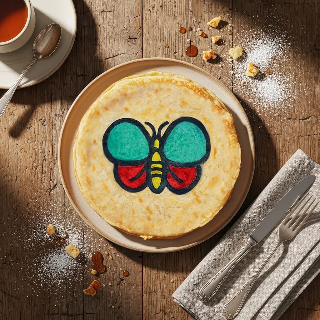 pannenkoek-met-getekende-vlinder-kleurrijk-kinderontbijt-creatieve-foodart-ai-productfoto-productfotoai pannenkoek-met-getekende-vlinder-kleurrijk-kinderontbijt-creatieve-foodart-ai-productfoto-productfotoai