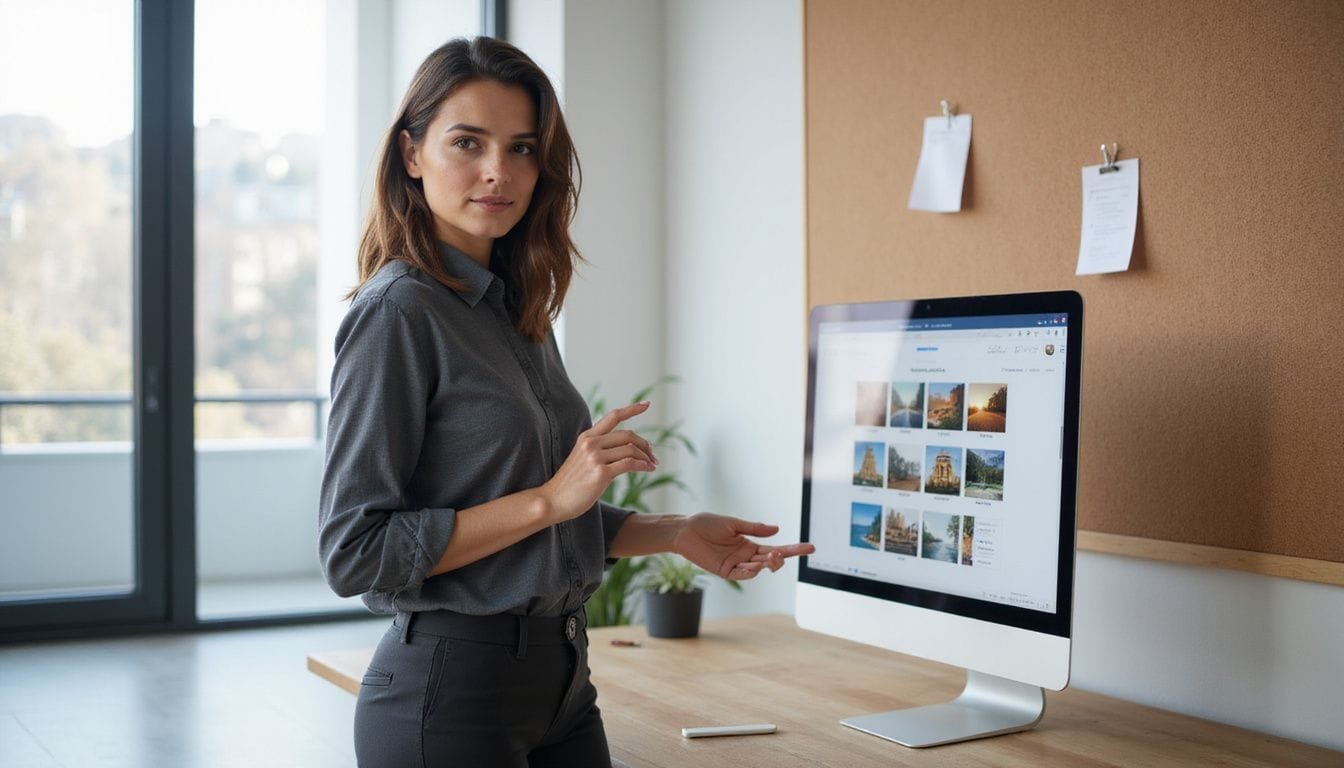 Vrouw in modern kantoor, geconcentreerd werkend aan computerscherm.