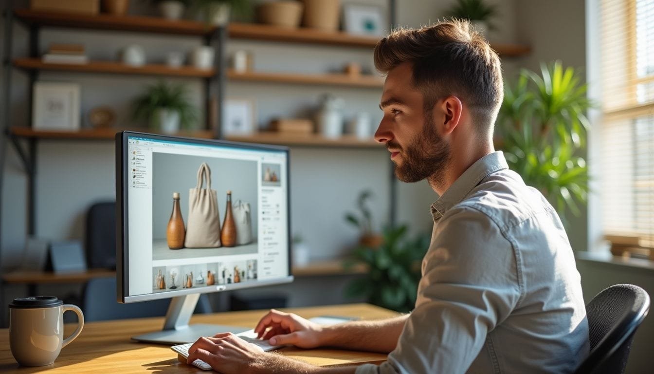 Een man werkt geconcentreerd aan een computer met productafbeeldingen.