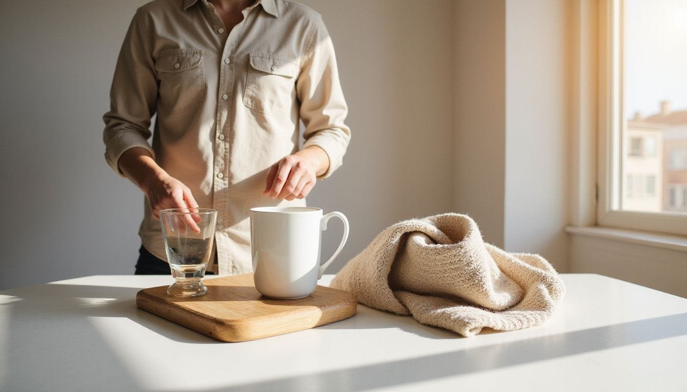 Een persoon observeert een professioneel gestyled productphotoshoot op een witte achtergrond.