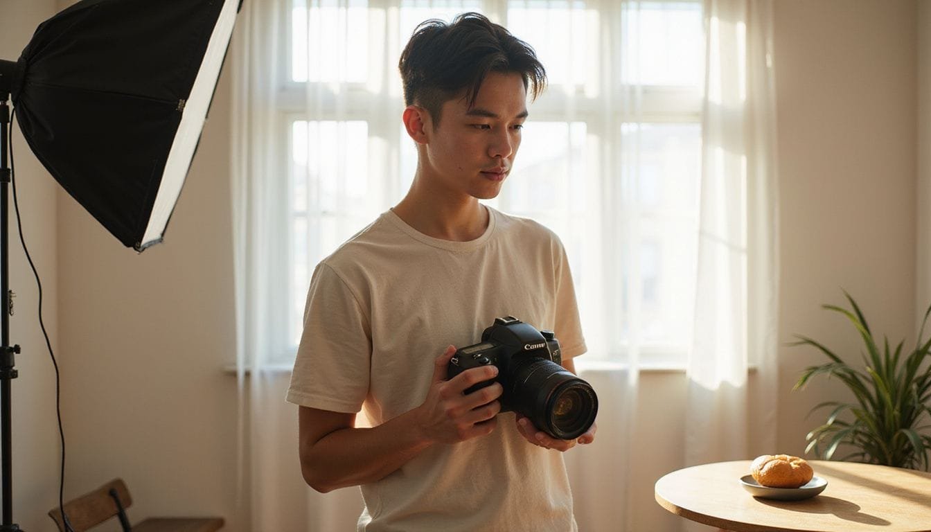 Een persoon met een neutrale uitdrukking staat geconcentreerd achter een DSLR-camera in een opgeruimde werkruimte.