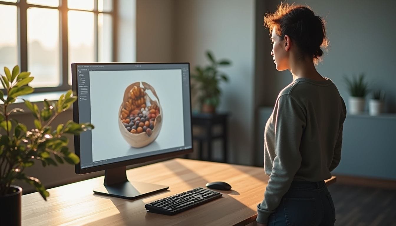 Een persoon observeert een computer monitor met AI-ondersteunde fotobewerking.
