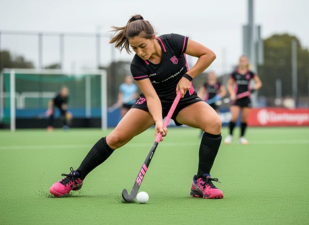 Een vrouwelijke hockeyspeelster in een dynamische houding op een groen kunstgrasveld, klaar om de witte hockeybal te slaan met een roze-zwarte hockeystick. Ze draagt opvallende roze Asics hockeyschoenen met zwarte veters en paarse accenten, gecombineerd met een zwart-roze hockeytenue. Achter haar zijn andere spelers en een hockeygoal zichtbaar, wat de sportieve context benadrukt en de Asics hockeyschoenen in een realistische actiesetting toont.