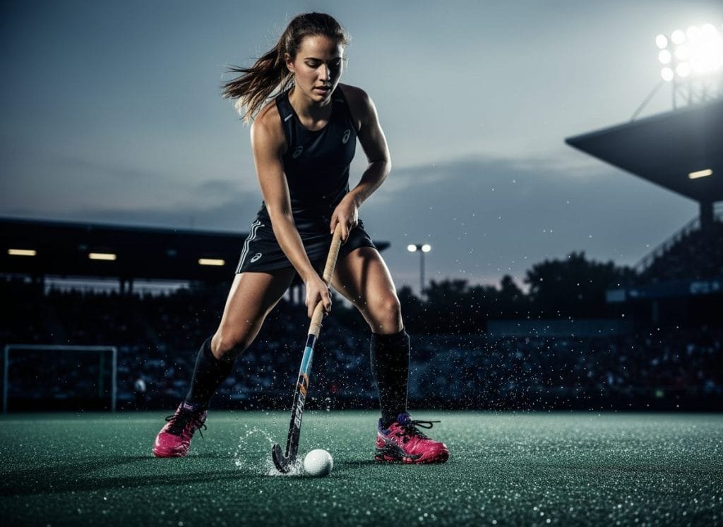 Een dynamische foto van een vrouwelijke hockeyspeelster in een Asics outfit en opvallende roze Asics hockeyschoenen, die met haar stick een bal slaat op een nat kunstgrasveld tijdens een avondwedstrijd. Water spat omhoog, de stadionverlichting schijnt helder, en op de achtergrond zijn toeschouwers zichtbaar.