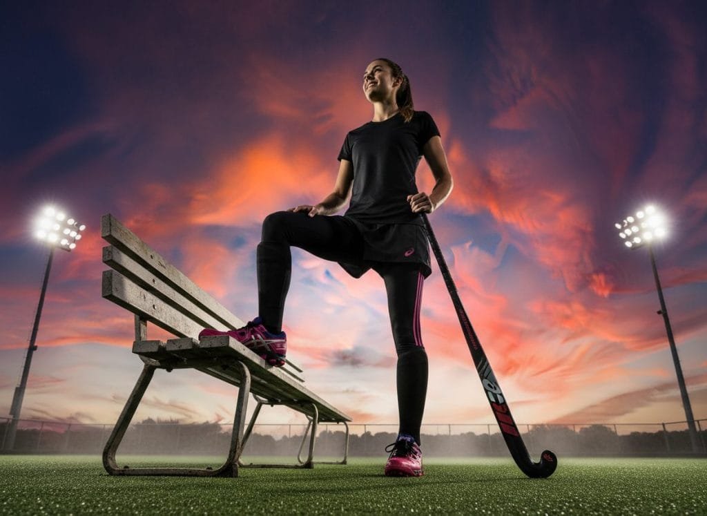 Detailopname van roze Asics hockeyschoenen aan de voeten van een vrouwelijke hockeyspeler die met een hockeystick op een kunstgrasveld staat, haar voet rustend op een houten bank. De dynamische setting toont een dramatische zonsondergang met veldverlichting op de achtergrond, benadrukkend kracht en sportiviteit.