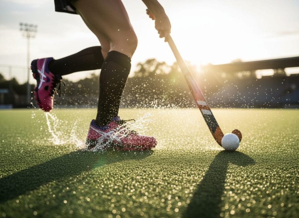 Detaillering van levendige roze Asics hockeyschoenen met witte strepen, zichtbaar aan de voeten van een speler die sprint over een nat kunstgrasveld. Water spat dynamisch op rond de schoenen, een hockeystick en bal zijn nabij, en de warme gloed van de zon werpt lange schaduwen op het veld, wat de intensiteit van de hockeysport benadrukt.