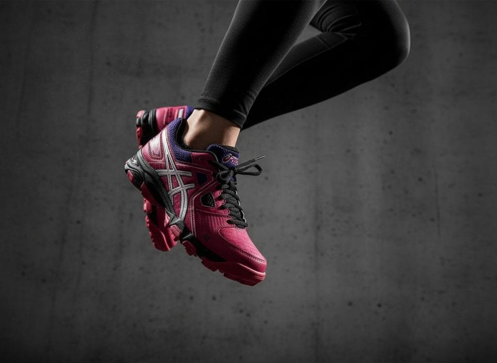 Close-up van een vrouwelijke atleet die in actie springt, draagt felroze en paarse Asics hockeyschoenen met zilveren strepen en zwarte details, tegen een donkergrijze, gestructureerde achtergrond. Deze dynamische afbeelding benadrukt de veerkracht, grip en het comfort van de Asics schoenen, perfect voor intensieve hockeywedstrijden en trainingen.