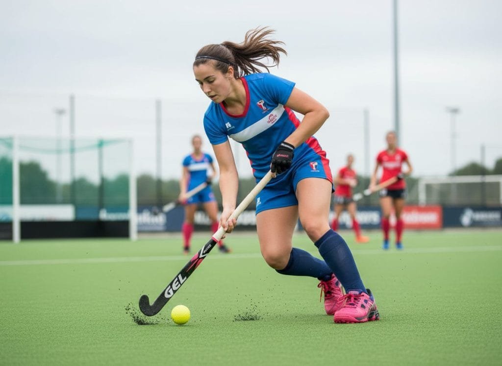 Vrouwelijke hockeyspeler in volle actie, draagt opvallende roze Asics hockeyschoenen met optimale grip op een groen kunstgrasveld. Ze dribbelt de felgele hockeybal met een zwarte en roze stick, wat de dynamiek en prestaties van de schoenen benadrukt. Geoptimaliseerd voor e-commerce door AI productfotografie.