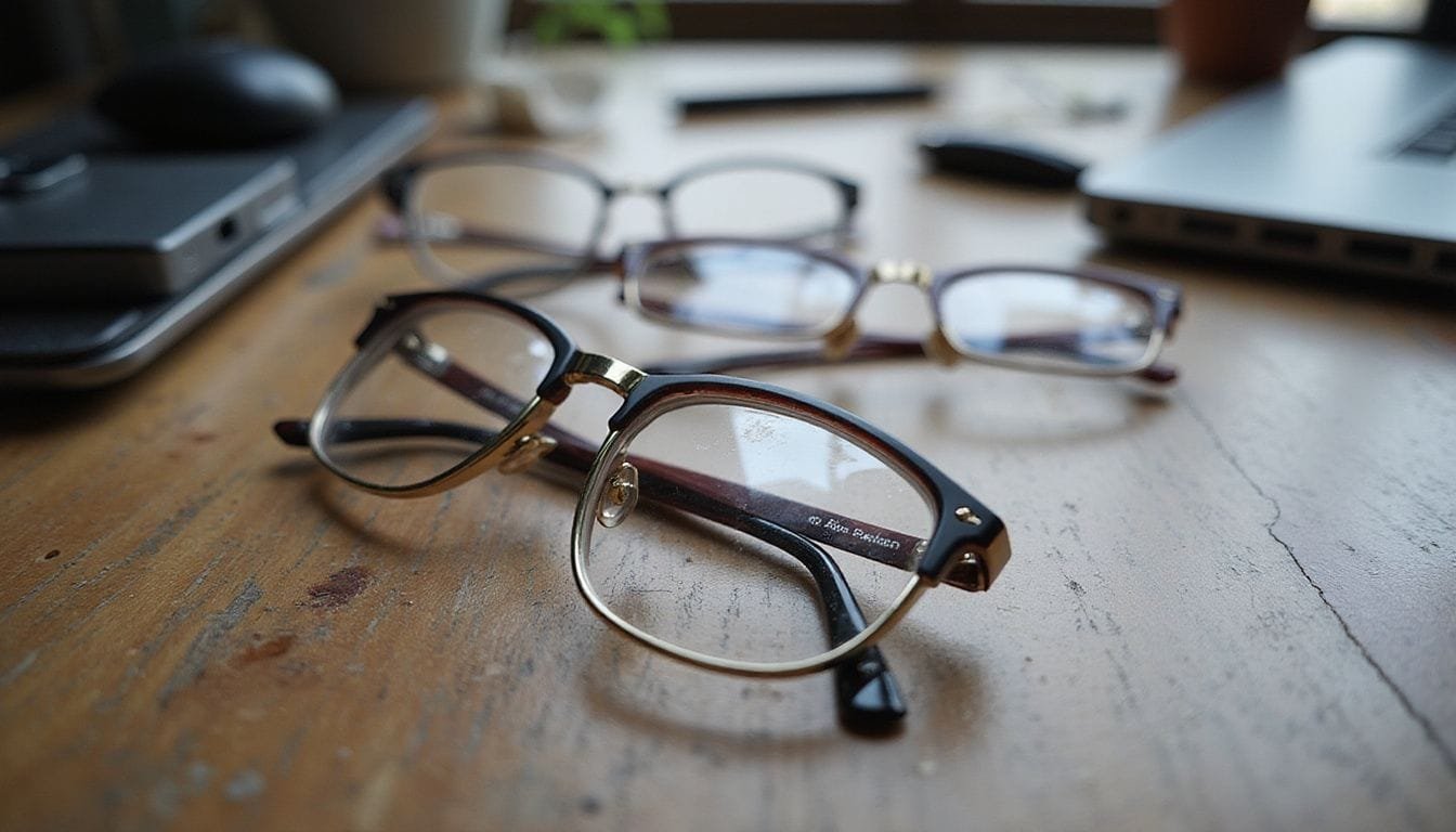Een rommelige werkplek met verschillende brillen op een houten bureau.