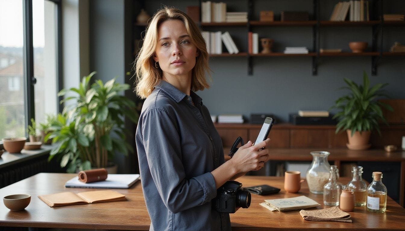 Vrouw in moderne kantoorruimte, overdenkt productpresentatie met smartphone en camera.