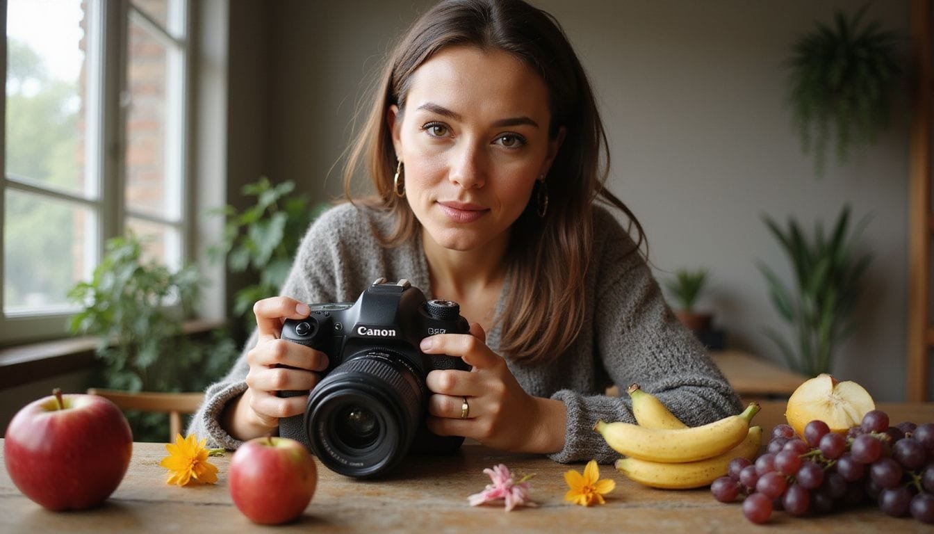 Een vrouw met een camera, gefocust op een fotoshoot met fruit.