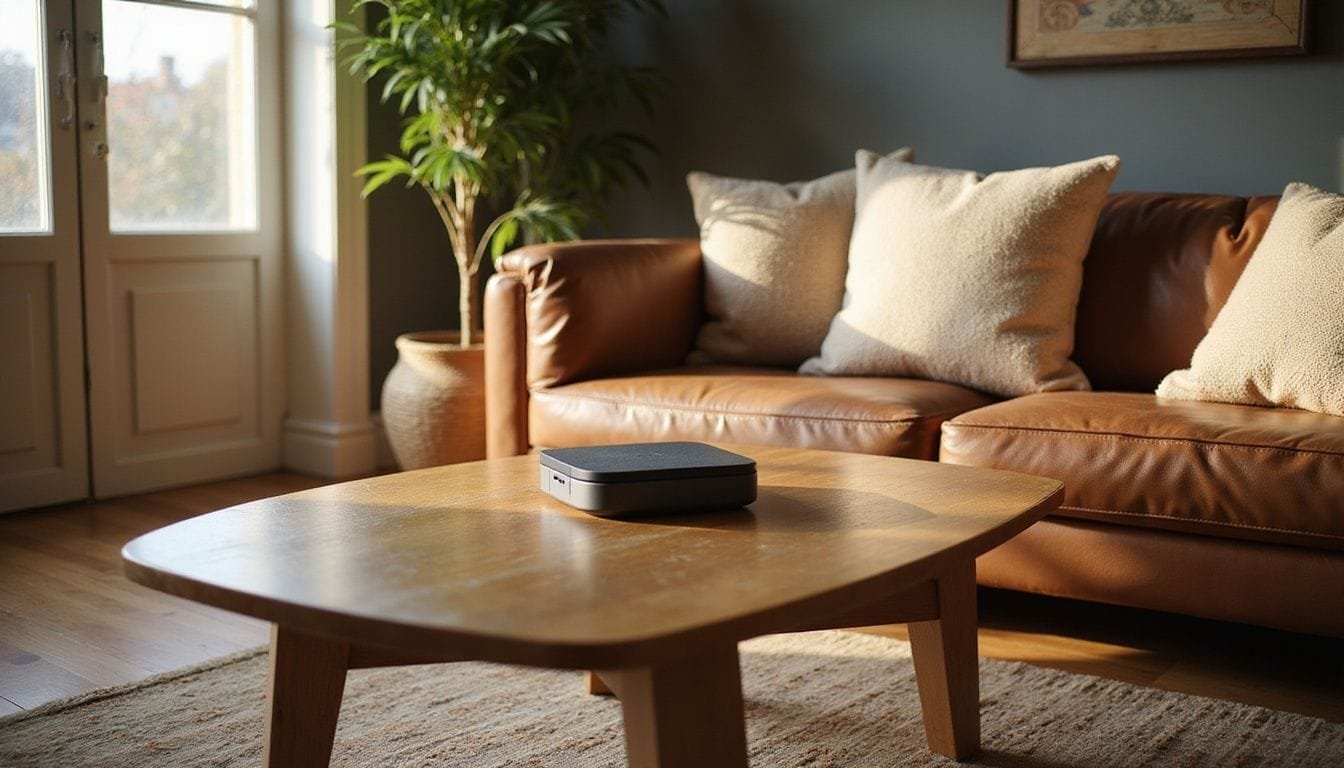 Een comfortabel ingerichte woonkamer met zorgvuldig geïntegreerd product op tafel.