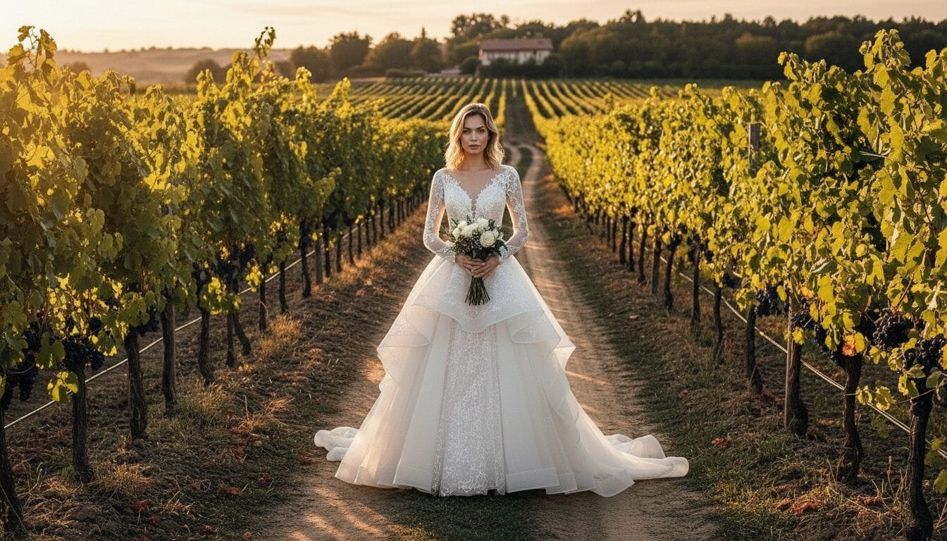 Een elegante bruid in een prachtige witte kanten trouwjurk met lange mouwen en een gelaagde rok, staand in het midden van een zonnige wijngaard tijdens zonsondergang, terwijl ze een wit bruidsboeket vasthoudt. Deze romantische setting benadrukt de schoonheid van de jurk, perfect voor bruidsmode webshops met AI productfotografie.