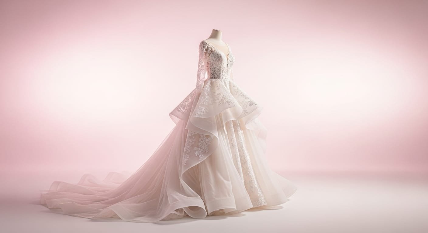 Een prachtige ivoorkleurige bruidsjurk met lange kanten mouwen, een V-hals en een weelderige baljurk-rok, gepresenteerd op een paspop tegen een zachtroze studio-achtergrond. De jurk heeft fijne kanten applicaties, meerdere lagen tule en een elegante sleep, professioneel vastgelegd met AI productfotografie.