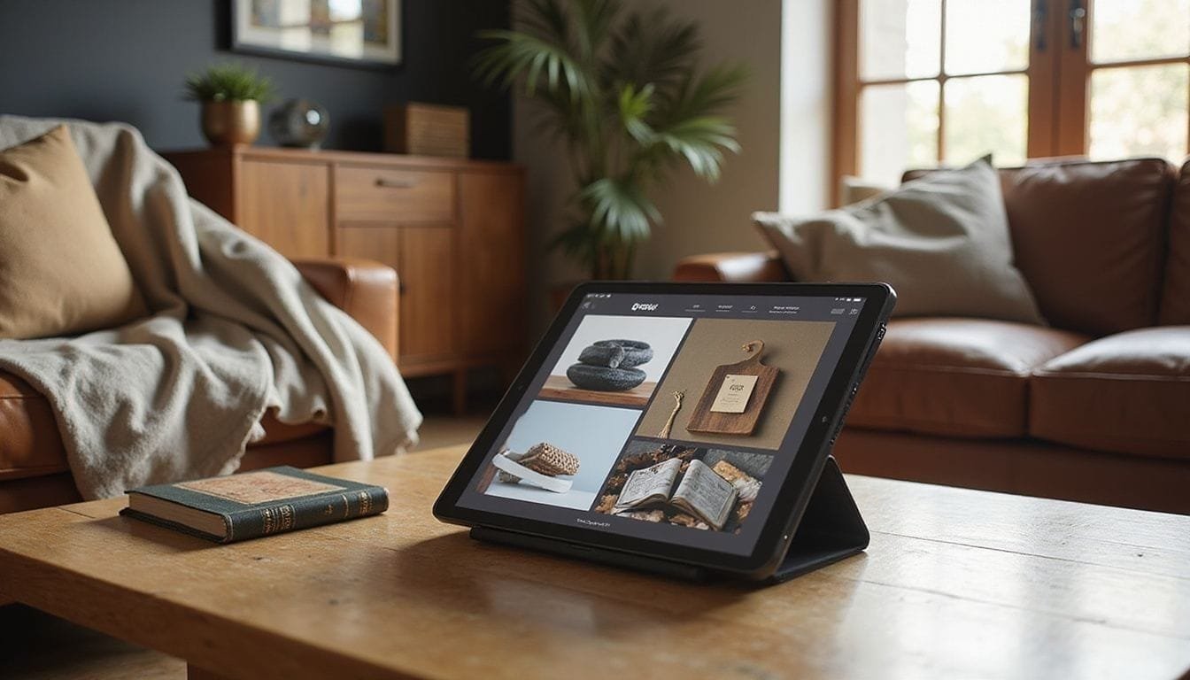 Moderne woonkamer met tablet en stijlvolle interieurdetails.