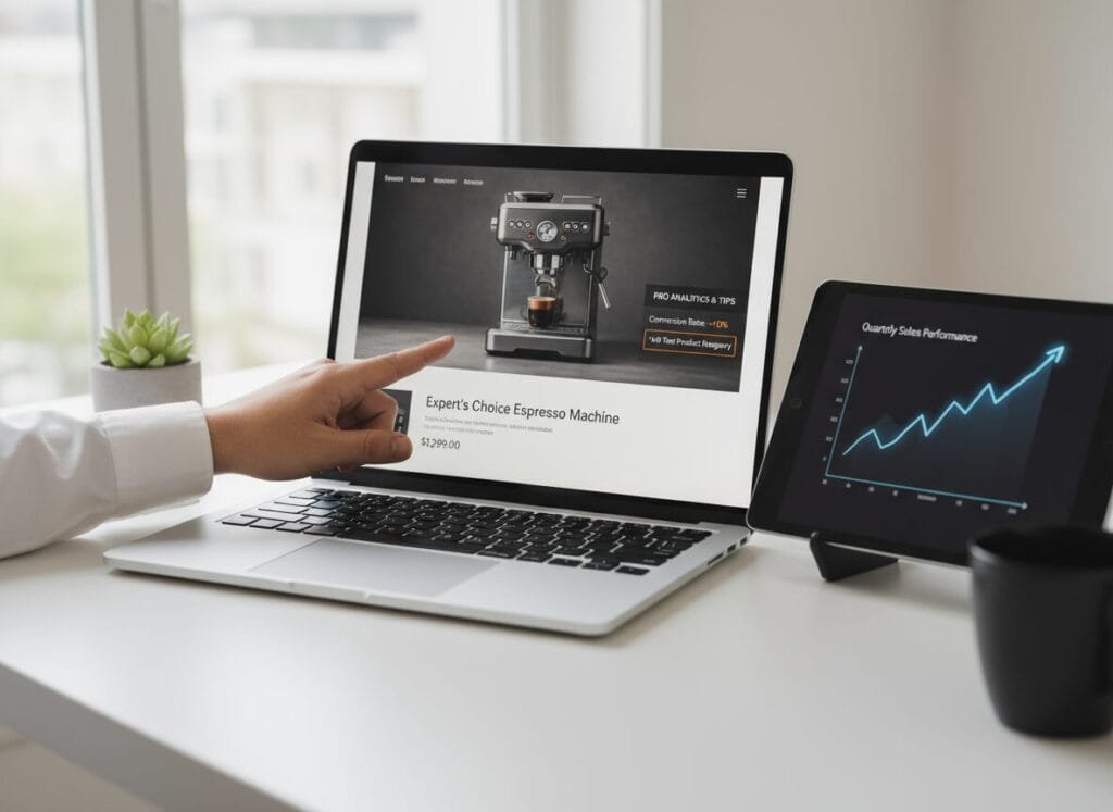 Een persoon wijst naar een laptop waarop een AI-geoptimaliseerde productpagina van een espresso machine te zien is, met daarnaast een tablet dat stijgende kwartaalverkoopcijfers en een verbeterd conversiepercentage toont. Dit illustreert de directe impact van professionele AI productfotografie op e-commerce sales en webshop succes.