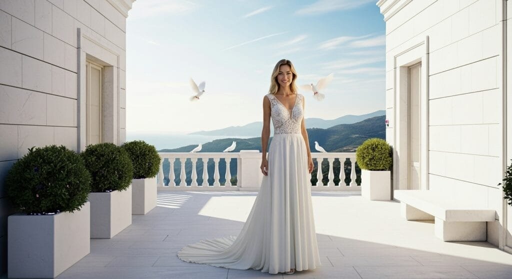 Een stralende bruid in een elegante witte trouwjurk met diepe V-hals en delicate kanten details, staand op een luxueus wit balkon met uitzicht op de azuurblauwe zee en groene bergen. Witte duiven vliegen sierlijk in de blauwe lucht, wat de dromerige mediterrane sfeer van de bruiloft benadrukt.