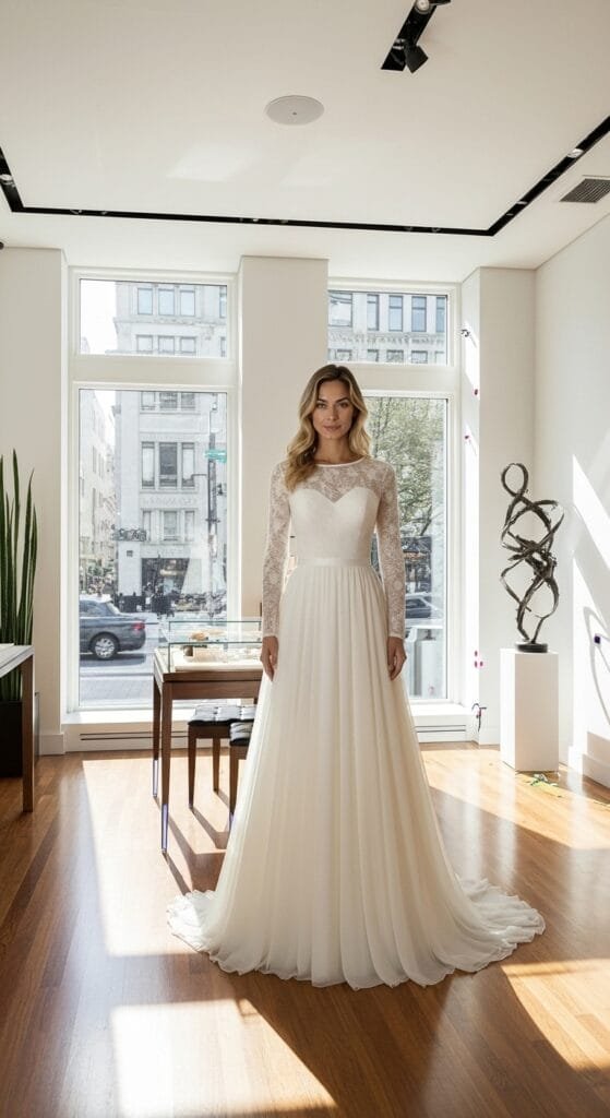 Model draagt een elegante ivoorkleurige A-lijn trouwjurk met lange kanten mouwen en een verfijnde kanten boothals, staand in een moderne, lichte trouwboetiek met grote ramen die uitkijken op een stad, wat de romantische en tijdloze stijl van de bruidsjurk prachtig accentueert.