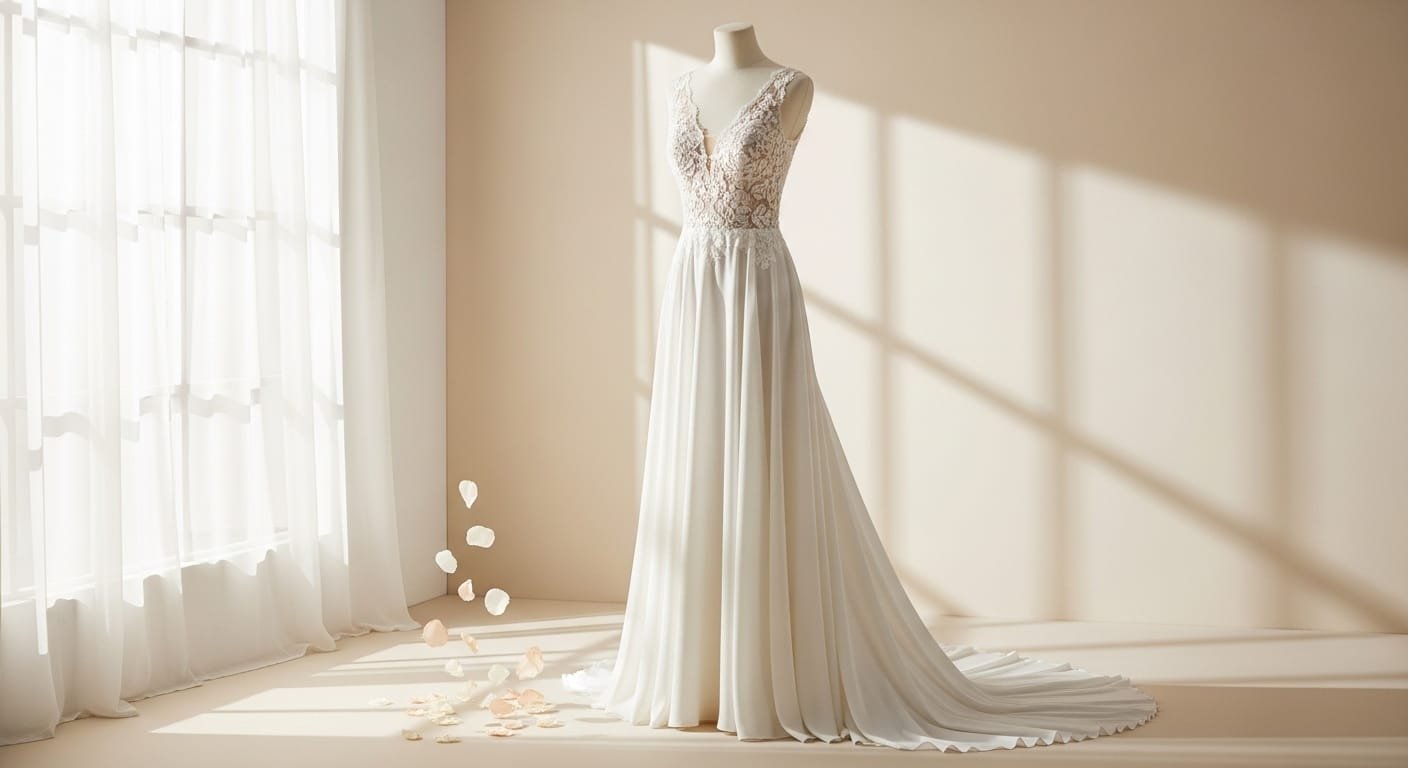 Een betoverende witte bruidsjurk met een verfijnd kanten lijfje en diepe V-hals, gepresenteerd op een mannequin. De jurk heeft een vloeiende, lange sleep die sierlijk over de lichte vloer valt, omringd door dwarrelende rozenblaadjes. De romantische setting wordt versterkt door zacht daglicht dat door een raam met transparante gordijnen valt, wat een dromerige sfeer creëert. Ideaal voor bruidsmode winkels die elegante bruidsjurken aanbieden.