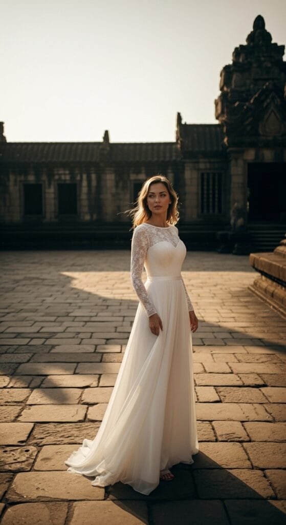 Een prachtige bruid in een elegante, witte A-lijn trouwjurk met delicate kanten lange mouwen en een boot-halslijn, staand op een antiek stenen plein voor een indrukwekkend historisch gebouw tijdens zonsondergang. Het gouden licht benadrukt de verfijnde stof en de klassieke uitstraling van de jurk, ideaal voor een droombruiloft. Geoptimaliseerd door AI productfotografie van ProductFotoAI.
