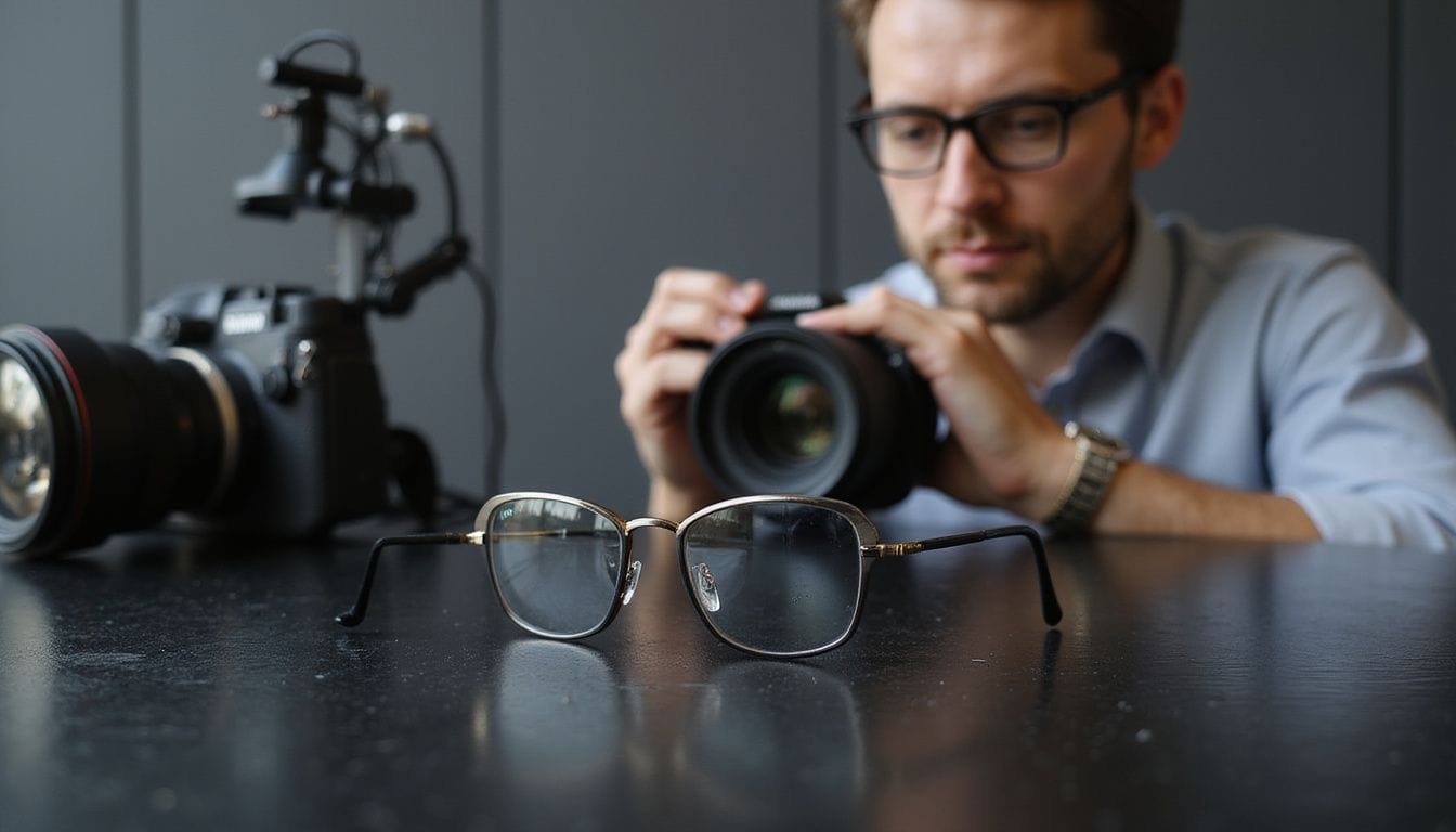 Een fotograaf legt moderne titanium bril vast in een studio.
