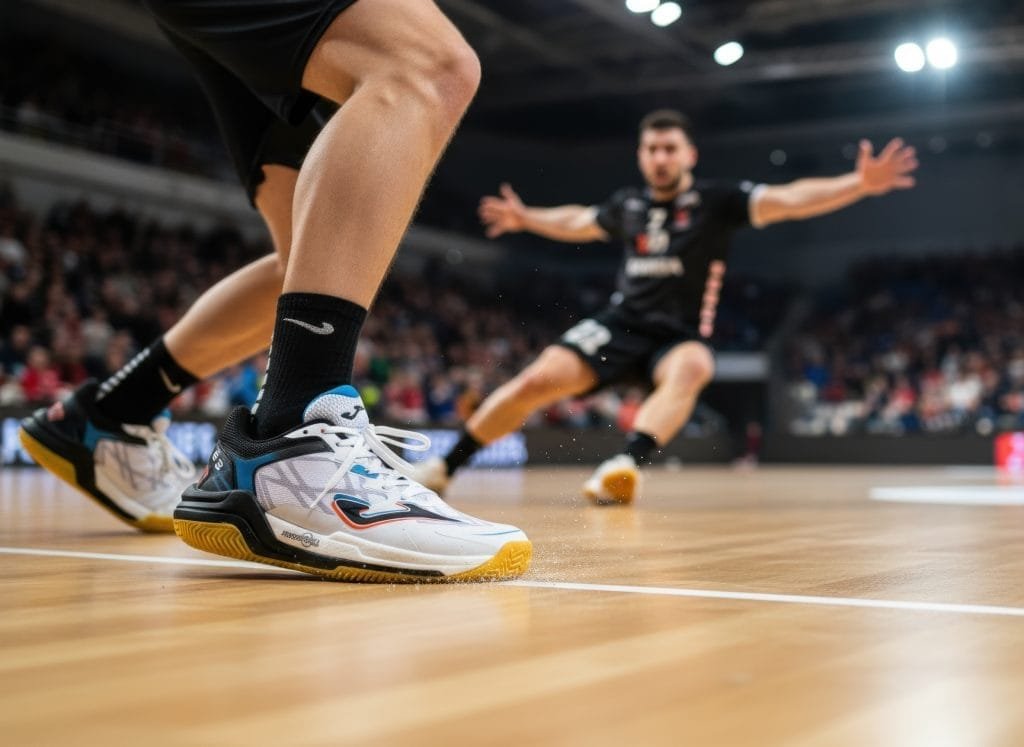 Close-up van een witte handbalschoen met blauwe en oranje accenten en een gele zaalsportzool, gedragen door een speler in dynamische actie op een houten handbalveld. De schoen toont uitstekende grip en stabiliteit tijdens een snelle beweging, met een vaag beeld van een andere speler en de tribune op de achtergrond. Perfect voor serieuze handballers.