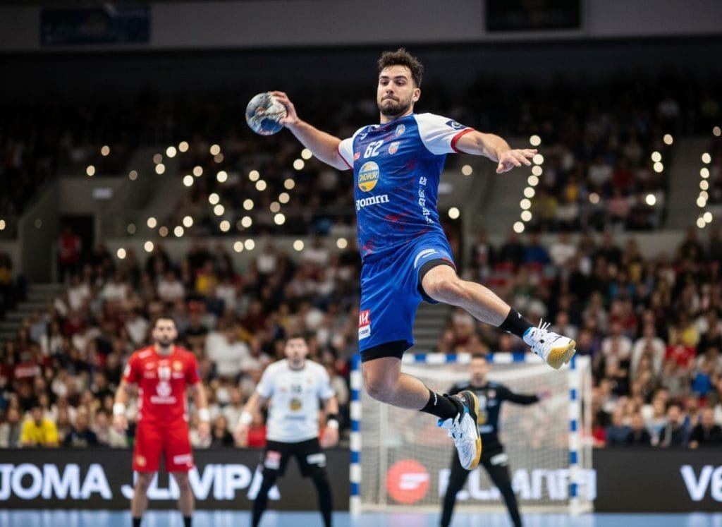 Mannelijke handbalspeler in blauw-wit tenue springt met bal voor een krachtig sprongschot, met de focus op zijn witte handbalschoenen met gele zool en zwarte accenten, die optimale grip en ondersteuning bieden op de indoorbaan tijdens een professionele wedstrijd. Perfect voor snelle actie en stabiliteit.