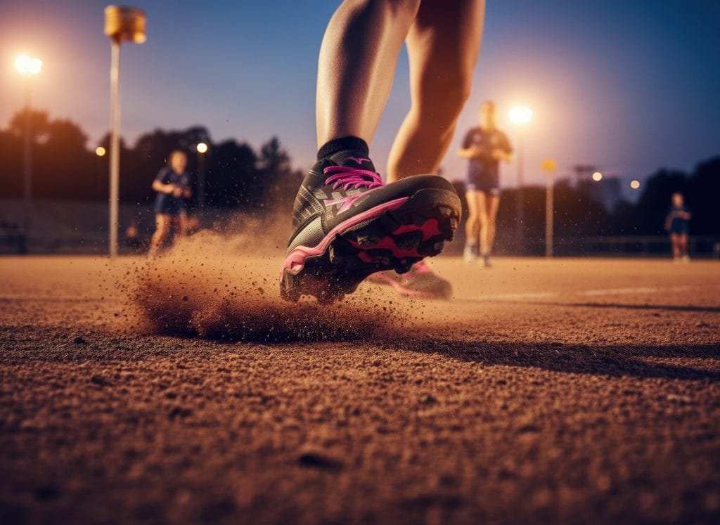 Gedetailleerde close-up van een zwarte Mizuno korfbal schoen met felroze accenten en veters, die dynamisch in actie is op een korfbalveld. Zand en aarde spatten op terwijl de speler krachtig afzet, wat de superieure grip en wendbaarheid benadrukt. Op de achtergrond zijn vaag een korfbalpaal en andere spelers te zien bij zonsondergang, verlicht door stadionlichten, wat de sportieve, actiegerichte context van deze hoogwaardige korfbalschoenen perfect weergeeft.