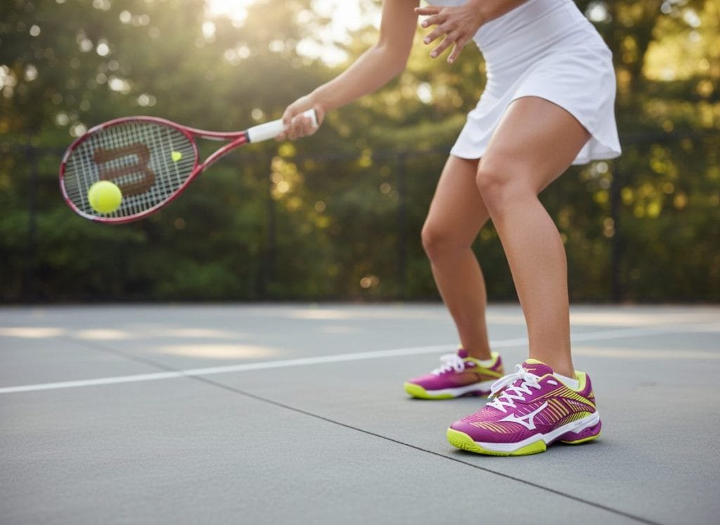 Close-up van levendige paars-neon gele Mizuno dames tennis schoenen met witte veters, gedragen door een atlete in actie op een zonnige grijze tennisbaan, met een tennisracket en bal, perfect geoptimaliseerd voor e-commerce door AI productfotografie van ProductFotoAI om verkoop te stimuleren.