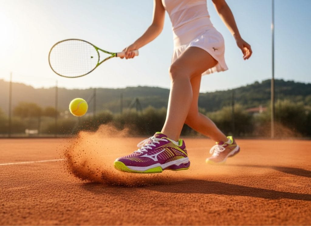 Mizuno tennis schoenen in levendig paars met neon gele accenten, dynamisch afgebeeld op een roodbruine gravelbaan waarbij stof opwaait tijdens een snelle beweging van een tennisser die een bal slaat. Deze hoogwaardige AI productfoto legt de energie van het spel vast, ideaal voor e-commerce promotie en het stimuleren van verkoop.
