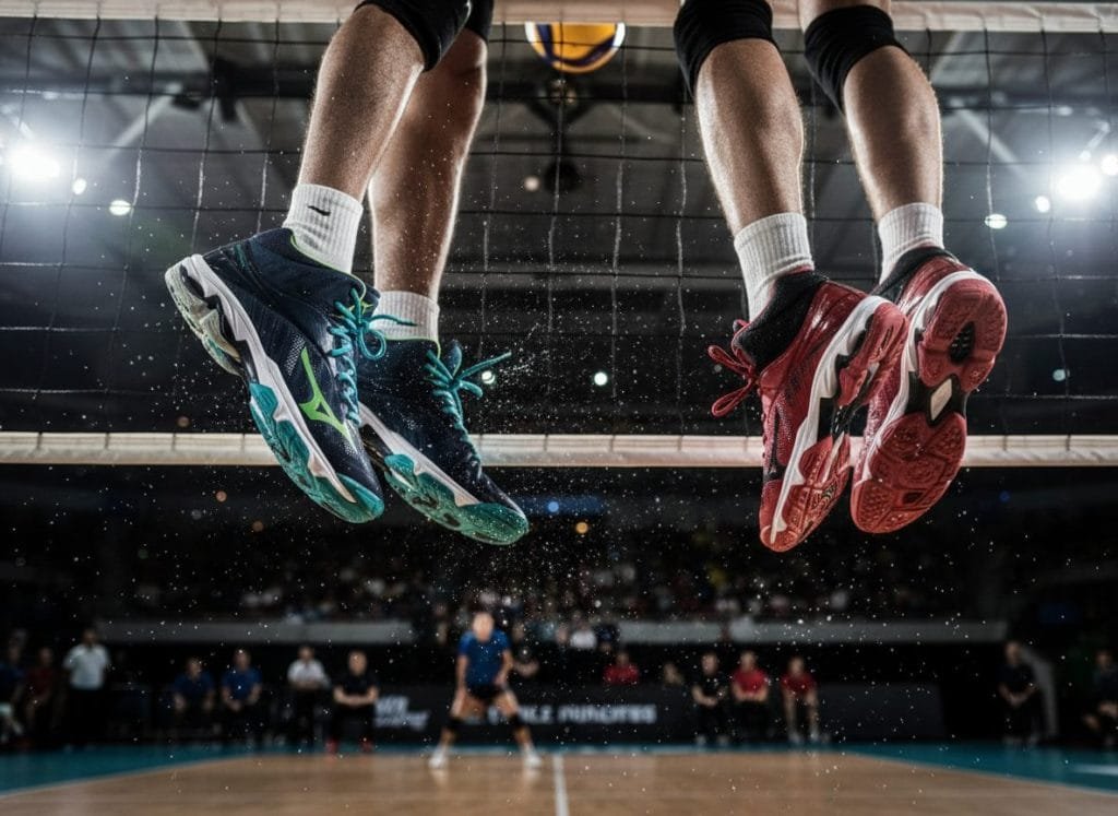 Twee paar Mizuno volleybalschoenen in actie, springend bij het net tijdens een dynamische indoor volleybalwedstrijd. Eén paar is marineblauw met groen en wit, het andere is rood met wit en zwart. De schoenen tonen grip en stabiliteit, met waterdruppels in de lucht die de intensiteit van de sprong benadrukken.