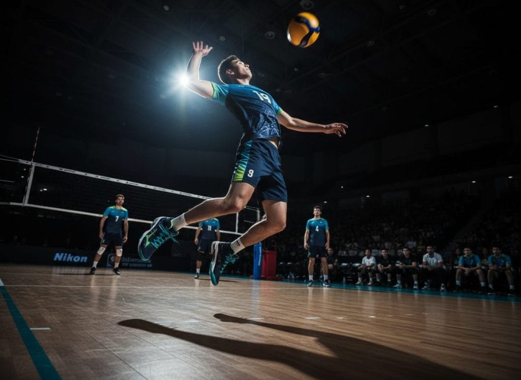 Dynamische actie van een professionele volleybalspeler in de lucht, de bal smashend. Hij draagt opvallende Mizuno volleybalschoenen in een blauwgroene kleurstelling, die prominent in beeld zijn op het indoor veld. Deze AI-gegenereerde foto benadrukt de kracht en prestatie van de schoenen, perfect voor e-commerce productpagina's die echt verkopen.