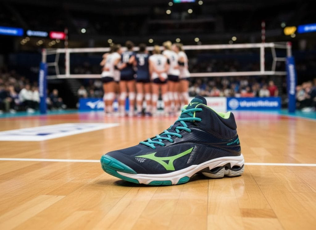 Een detailopname van een donkerblauwe Mizuno volleybalschoen met opvallende neon groene en turquoise accenten, prominent geplaatst op een glanzende houten volleybalvloer. Op de onscherpe achtergrond staat een volleybalteam in een huddle, wat de professionele sportcontext benadrukt en de focus legt op prestatie. Deze AI-gegenereerde productfoto toont de schoen perfect voor e-commerce en verkoop.