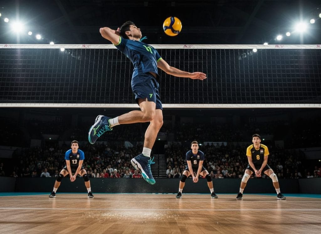Een dynamische actiefoto van een volleybalspeler in de lucht, die een krachtige aanvalsslag uitvoert tijdens een wedstrijd. De speler draagt opvallende blauwe Mizuno volleybalschoenen met witte zolen en lichtblauwe veters, die details en grip tonen. Op de achtergrond zijn het volleybalnet en een enthousiast publiek zichtbaar in een professionele sporthal, met een felgele volleybal net boven de speler. Deze unieke afbeelding benadrukt snelheid, kracht en de perfecte pasvorm van de schoenen.