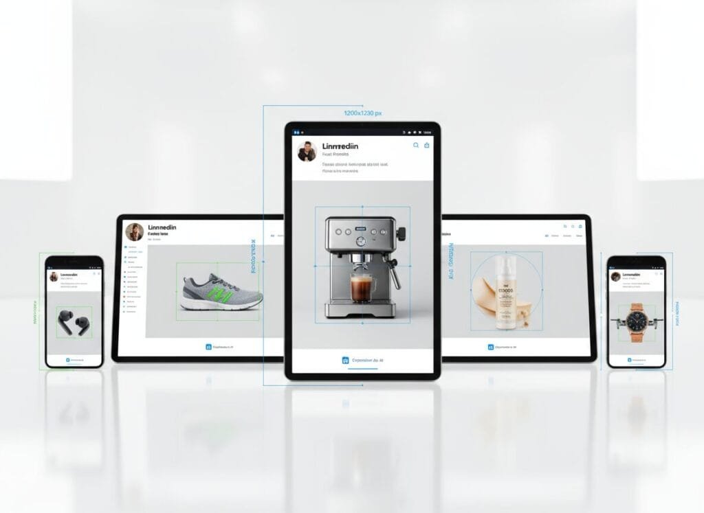 Een dynamische weergave van diverse digitale apparaten, zoals smartphones en tablets, waarop verschillende hoogwaardige AI-gegenereerde productfoto's te zien zijn: zwarte draadloze oordopjes, een grijze hardloopschoen, een zilveren espressomachine, een witte cosmeticapomp en een klassiek herenhorloge. De set-up met reflecterende ondergrond benadrukt de veelzijdigheid en kwaliteit van AI productfotografie voor e-commerce platforms en social media marketing via ProductFotoAI.