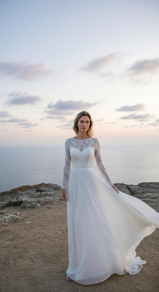 Elegante witte trouwjurk met lange kanten mouwen en een vloeiende chiffon rok, gedragen door een model op een rotsachtige klif met uitzicht op de kalme oceaan tijdens een pastelkleurige zonsondergang. De dromerige setting accentueert de romantische en tijdloze uitstraling van de bruidsjurk, ideaal voor een destination wedding of outdoor ceremonie. AI productfotografie voor bruidsmode e-commerce.