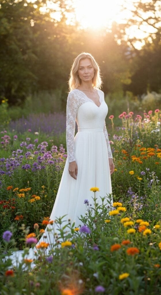 Een prachtige witte trouwjurk met elegante V-hals en lange mouwen van delicaat kant, gedragen door een mooie blonde vrouw die staat in een idyllisch bloemenveld met diverse paarse, oranje en gele bloemen tijdens zonsondergang, badend in warm, gouden licht. Deze romantische setting is perfect voor bruidsmode en is professioneel gegenereerd met AI productfotografie van ProductFotoAI.