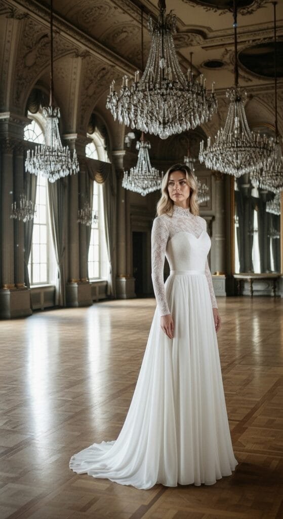 Een statige blonde vrouw draagt een prachtige witte bruidsjurk met lange kanten mouwen en een elegante hoge kanten halslijn, staand in een luxueuze klassieke balzaal. De jurk heeft een vloeiende A-lijn rok en een subtiele sleep, perfect voor een stijlvolle bruiloft, omringd door kristallen kroonluchters en grote ramen. Deze AI-gegenereerde productfoto toont de verfijnde details en de romantische sfeer van de trouwjurk.