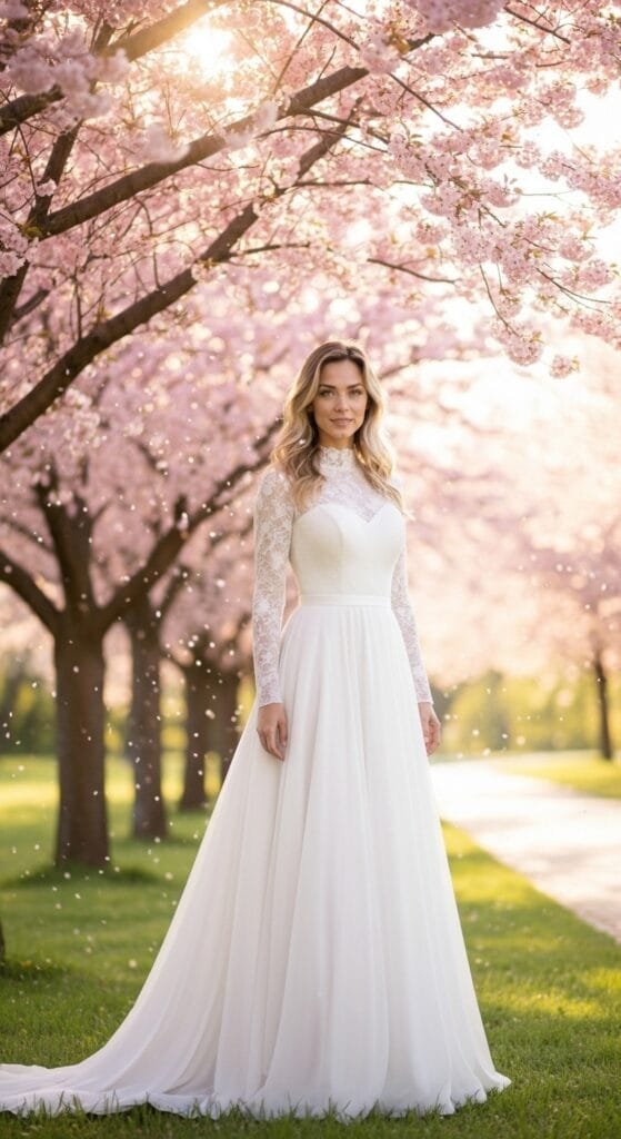 Een stralende bruid in een witte, elegante bruidsjurk met lange kanten mouwen en een hoge kanten halslijn, staand in een idyllisch lentepark onder bloeiende roze kersenbloesembomen. Zonnestralen schijnen door de takken terwijl zachtroze bloemblaadjes naar beneden dwarrelen, wat een romantische en dromerige sfeer creëert. De A-lijn rok van de trouwjurk vloeit gracieus over het groene gras, perfect voor een lente of zomer bruiloft.