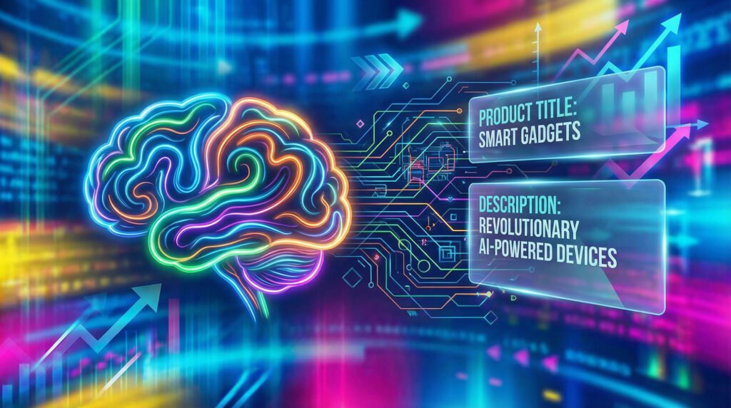 Een levendige digitale illustratie van een gloeiend neon menselijk brein, symbool voor AI-intelligentie, omringd door futuristische circuitpatronen en opwaartse trendpijlen. De afbeelding benadrukt AI-gedreven productlistings met tekstvakken die 'Product Title: Smart Gadgets' en 'Description: Revolutionary AI-Powered Devices' tonen, wat de geavanceerde AI-mogelijkheden voor e-commerce content en SEO visualiseren.