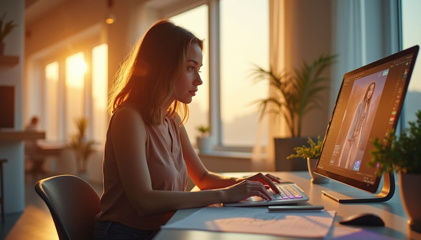 Een vrouw ontwerpt futuristische mode met geavanceerde AI-software. Een vrouw ontwerpt futuristische mode met geavanceerde AI-software.