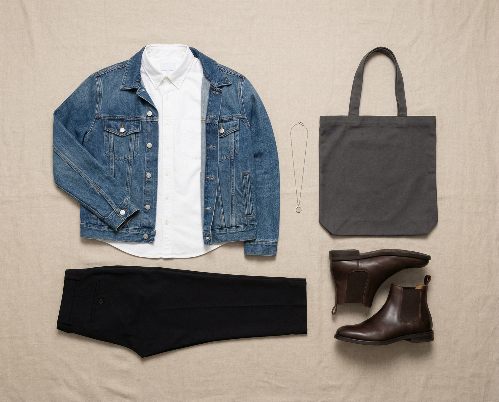 complete-herenoutfit-denim-jack-overhemd-broek-chelsea-boots-productfotoai